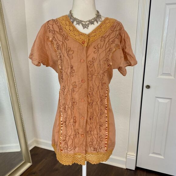 Orange Tan Vintage Boho Embroidered Babydoll Blouse Top M - Picture 8 of 8